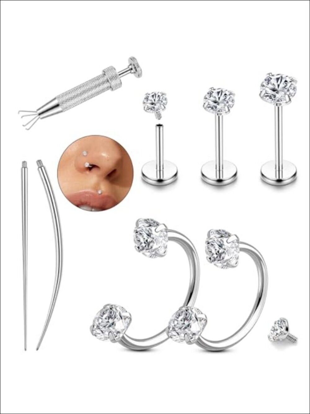 18G Surgical Steel Horseshoe Nose Ring Flat Back Stud Set 316L Hypoallergenic